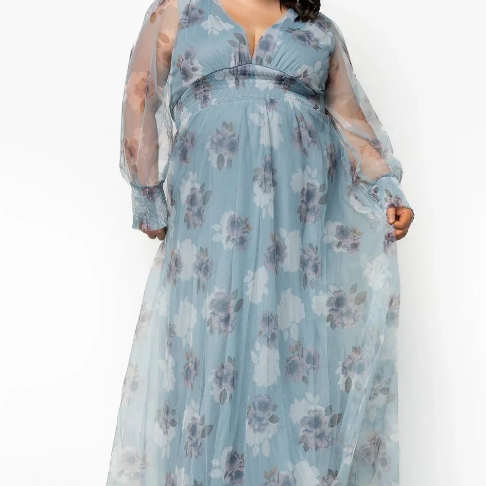 Baltic Born Layla Tulle Maxi Dress | Light Blue Floral Size MM - Picture 2 of 5